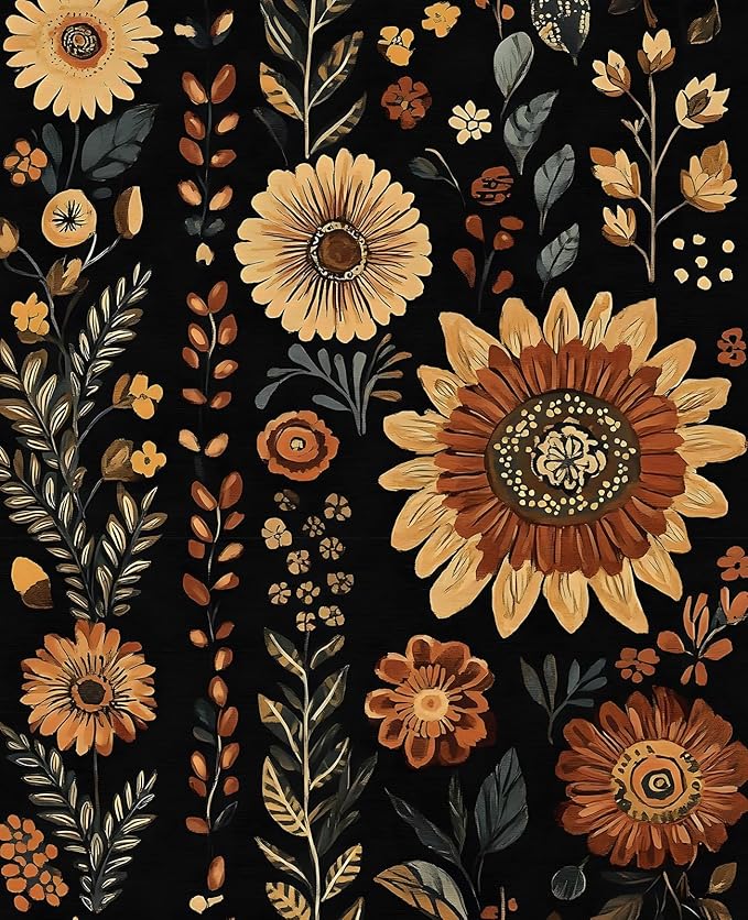 Boho Dark Floral Peel and Stick Wallpaper, Vintage Black Brown Flower Pattern by VOLEAARWALLPAPER