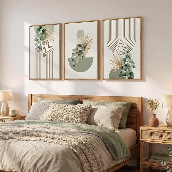 Framed Green Boho Wall Art for Living Room, 3 Piece Bohemian Botanical Canvas - Image 2