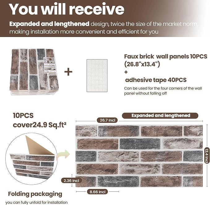 3D Wall Panels Brick Peel and Stick 26.7"x13.4"-10 PCS - Image 5