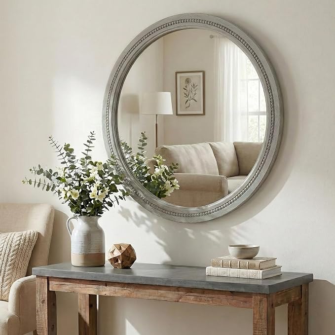 30 Inch Round Farmhouse Mirror for Bathroom Vanity, Distressed Grey Solid Wood - Image 5