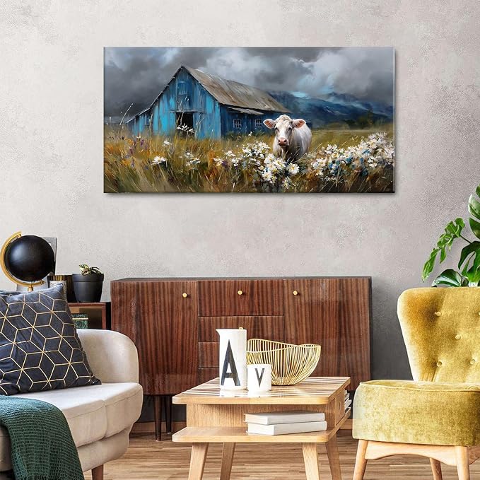 AIYISU Farmhouse Cow Wall Art Rustic Barn Landscape Pictures Wall Decor Blue - Image 3