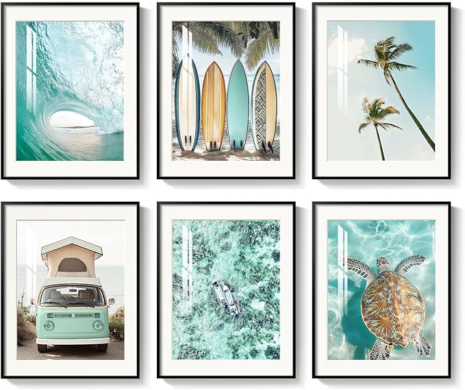 Framed Coastal Beach Wall Art for Living Room, Teal Green Summer Seascape by MXART