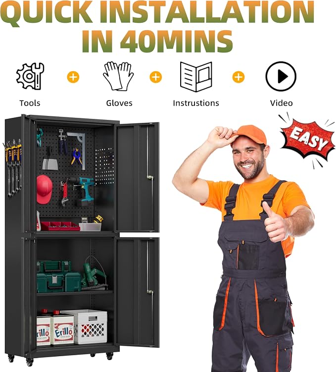 Garage Storage Cabinet with Wheels, Lockable Metal Storage Cabinet - Image 9