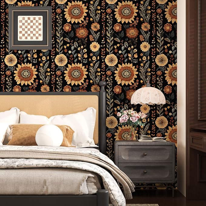 Boho Dark Floral Peel and Stick Wallpaper, Vintage Black Brown Flower Pattern - Image 2
