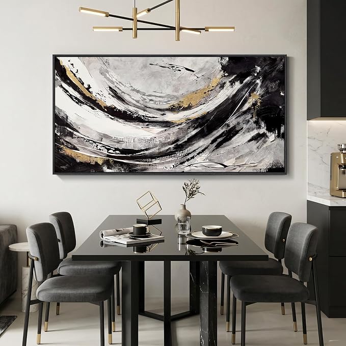 Large Framed Abstract Wall Art for Living Room, Horizontal Black Gold and White - Image 5