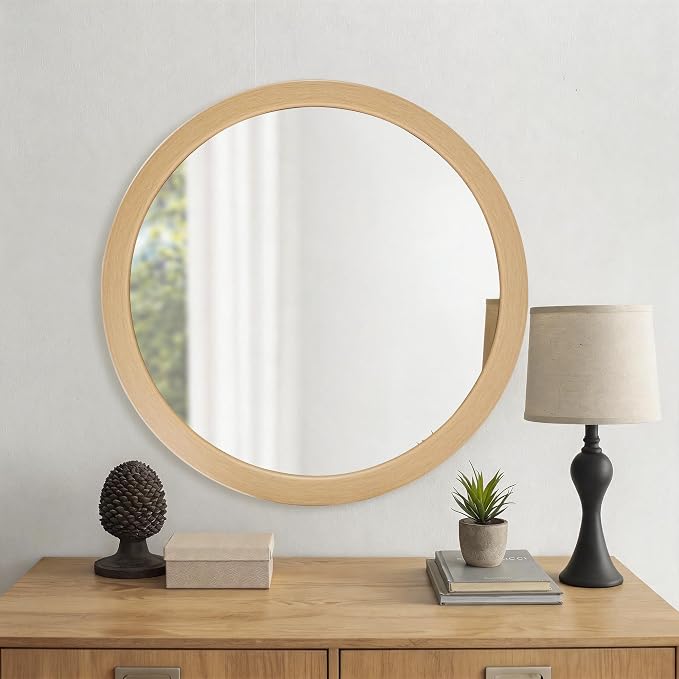 CULER Round Mirrors 24 Inch, Wood Vanity Wall Rustic Mirror, Natural Circle - Image 2
