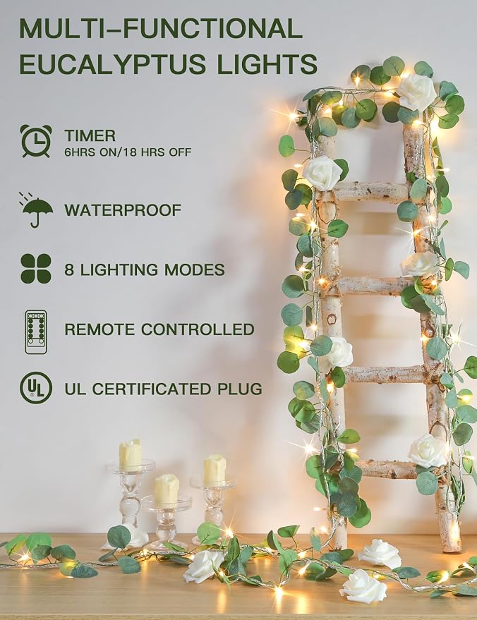 suddus Vines with Lights Plug in, 33ft 100 LED Eucalyptus Garland String Light - Image 2