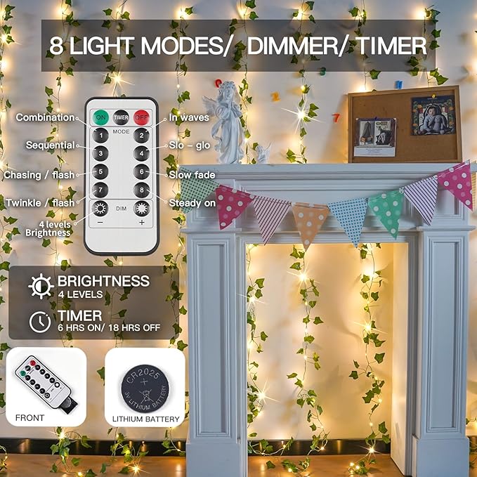 suddus Vines with Light for Bedroom, 200 LED Fairy Lights with Vines, Ivy - Image 5