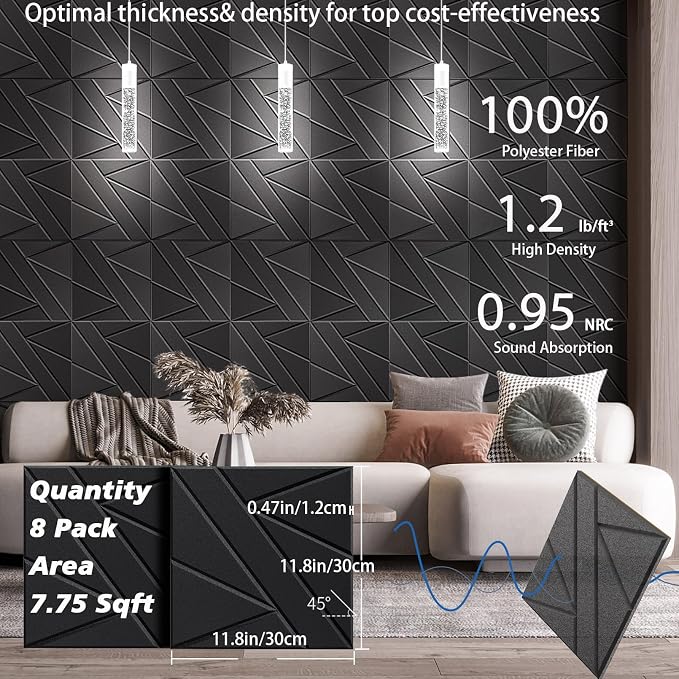8 Pack Self-Adhesive Soundproof Wall Panels, 1.2lb/ft³ High Density, Thicker - Image 6