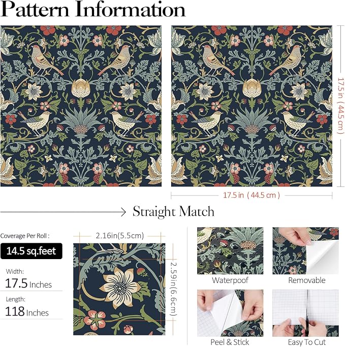 FunStick Navy Blue Floral Wallpaper Peel and Stick Vintage William Morris Green - Image 7