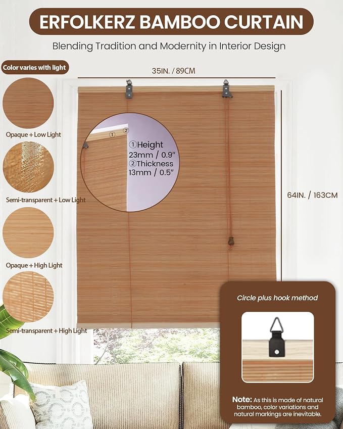 35" Wx64 H Bamboo Blinds Roller Shades - Image 2