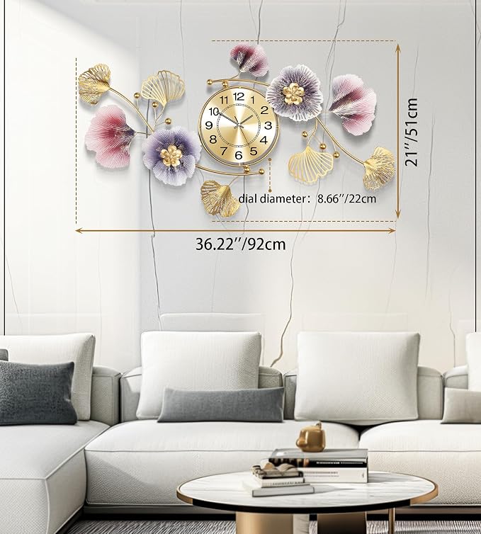 Wall Clocks for Living Room Decor, Large Wall Clock, 3D Creative Metal Ginkgo - Image 3
