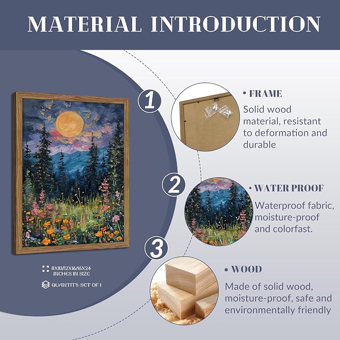 Framed Nature Forest Canvas Wall Art, Full Moon above Wildflowers and Woodland - Image 5
