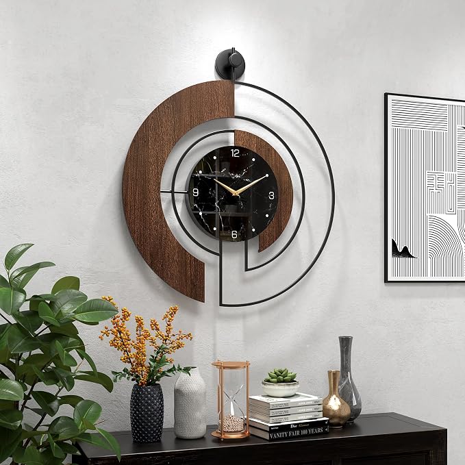 Modern Walnut Marble Dial Wall Clock, Large Wood Metal Frame Silent Non Ticking - Image 3