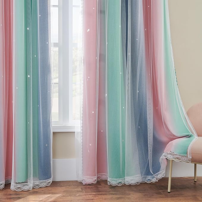 XiDi Curtains for Bedroom Decor, Rainbow Pinkgreen grey52/54 - Image 4