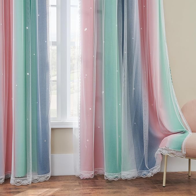 XiDi Curtains for Bedroom Decor, Rainbow Pinkgreen grey52/90 - Image 4
