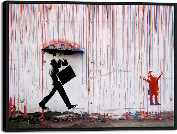 Wieco Art Framed Banksy Raining Day or Colorful Graffiti Street Famous Canvas by WiecoArt