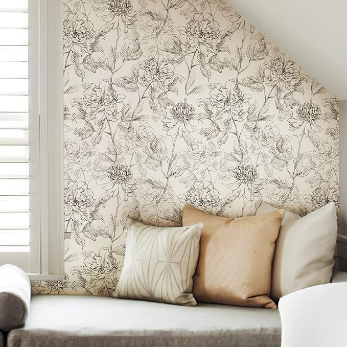 JiffDiff Black and White Floral Wallpaper Peonies Removable Peel and Stick - Image 3