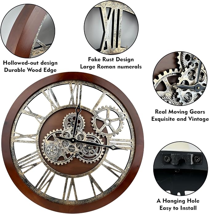 The B-Style Large Wall Clock 24 inch Moving Gear Wall Clock Oversized Vintage - Image 3