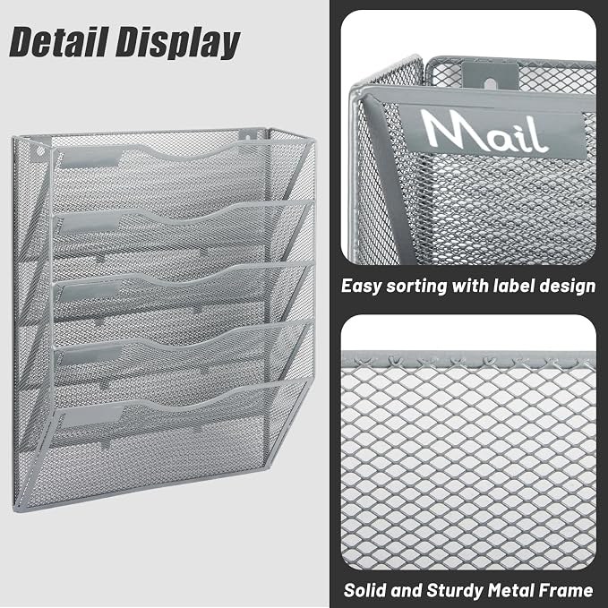 EASEPRES 5 Pocket Mesh Hanging Wall File Organizer, Wall Mounted Mail Paper - Image 3
