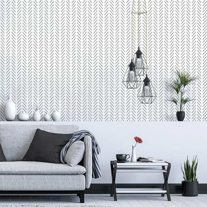 Erfoni Black and White Peel and Stick Wallpaper Modern Herringbone Contact - Image 8