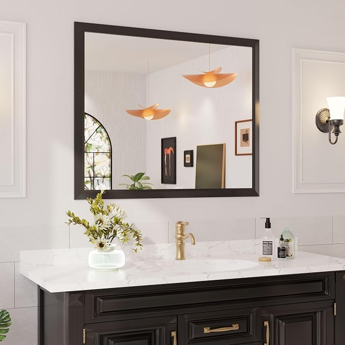 Amorho Bathroom Mirror Black, 48x40 Inch Thick Metal Framed Wall Mirrors by Amorho