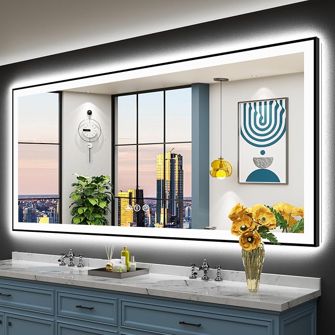 88x38 Black Framed LED Bathroom Mirror by Awandee