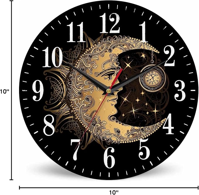Mxocom Crescent Moon Wall Clock Boho Chic Golden Sun Ethnic Retro Night Black - Image 8
