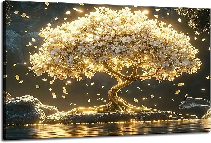 Large Tree of Life Canvas Wall Art Abstract Gold Tree Mountain Lake Decor by TXNXFKSUWallArt