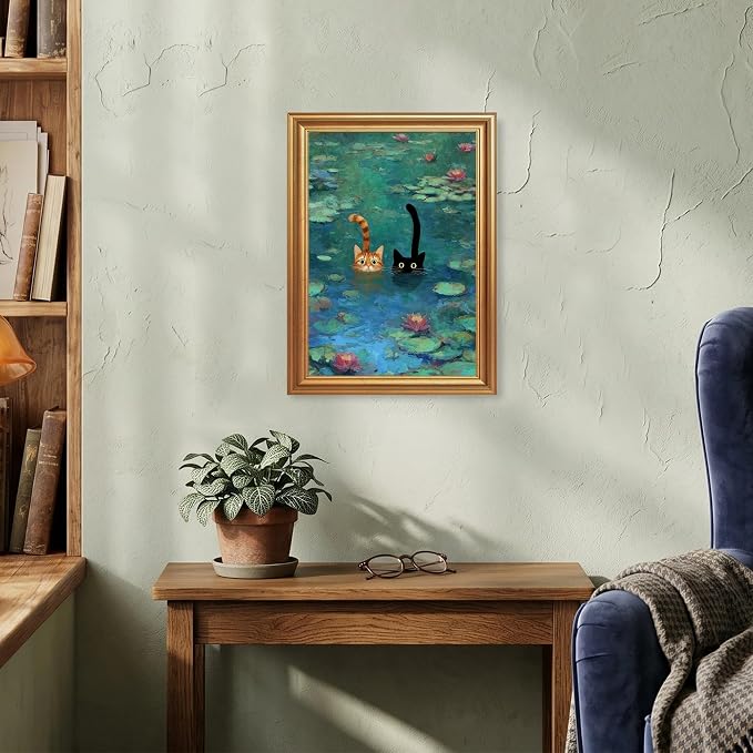 Fantasy Artists Gold Framed Wall Art Prints, Two Swimming Cats in Lotus Pond - Image 5