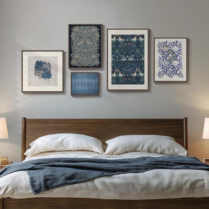 Framed William Morris Wall Art for Living Room, 5 Piece Large Vintage Blue - Image 3