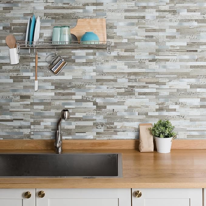 AULIGET Peel and Stick Backsplash, Coffee & Brown Wood Look PVC Mixed Metal - Image 4