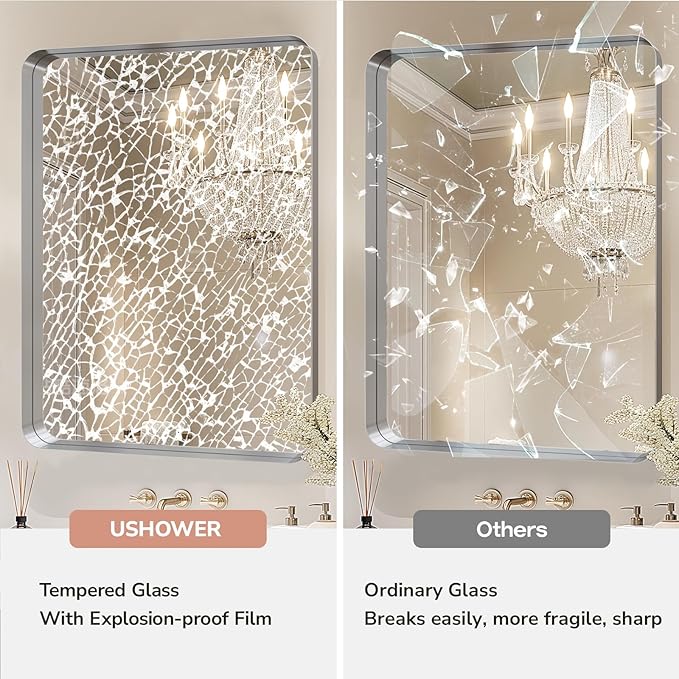 USHOWER Brushed Nickel Bathroom Mirrors 24"x36" 2 Pack, Rounded Corner - Image 3