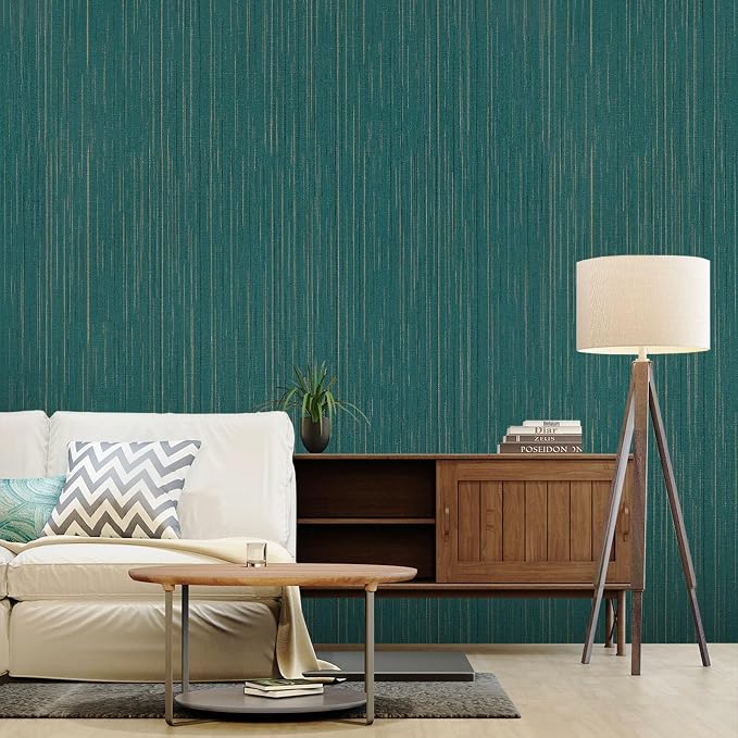 Teal Grasscloth Peel and Stick Wallpaper Vintage Texture Removable Waterproof - Image 4