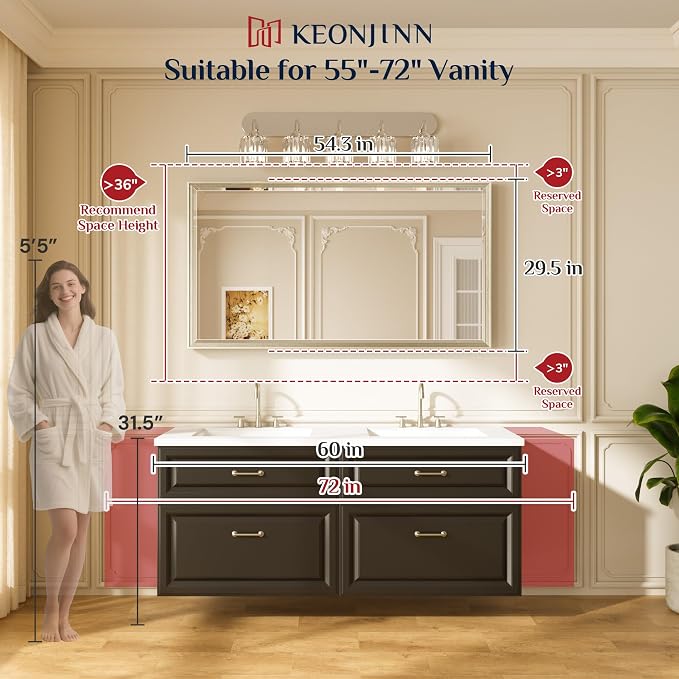 Keonjinn 55" x 30" Black Bathroom Vanity Mirror, Beveled Edge Tempered Glass - Image 2