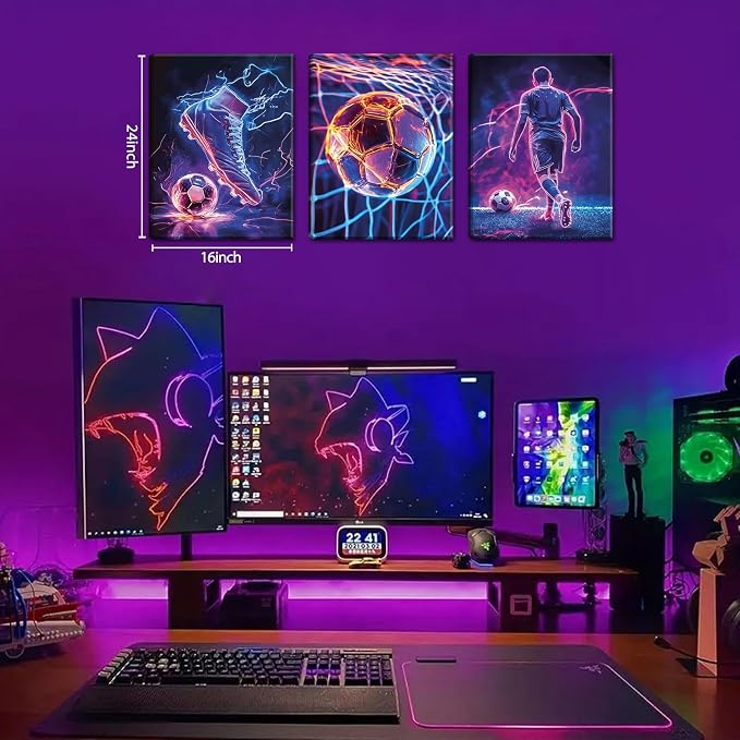 Cool Soccer Gaming Wall Art Set of 3, Neon Video Gamer Canvas Pictures - Image 3