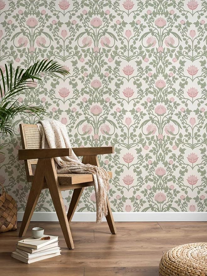 YXTII 590.5" × 17.3" Floral Wallpaper Peel and Stick Pink and Green Wallpaper by YXTII