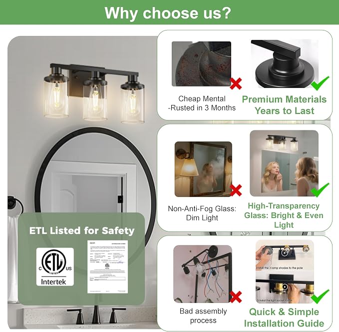 DORESshop 17 Inch Bathroom Light Fixtures, 3-Light Black Bathroom Lighting - Image 2