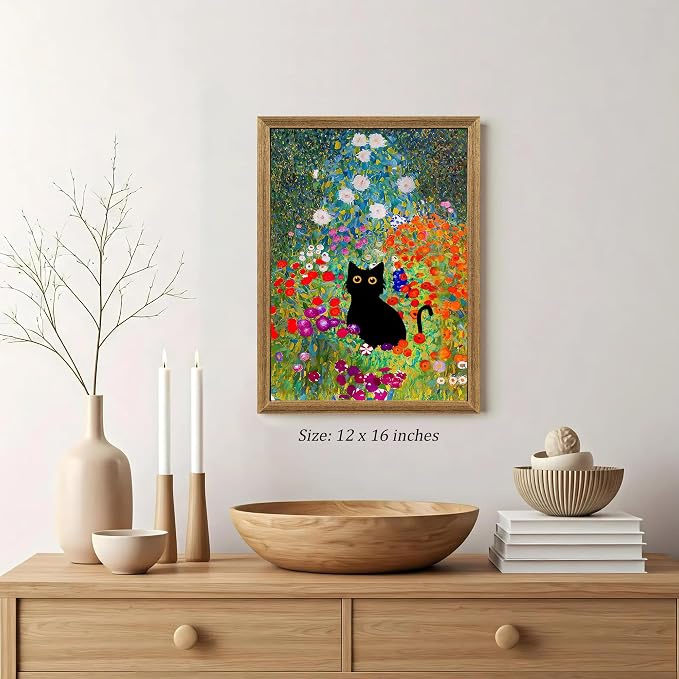 Fantasy Artists Gustav Klimt Canvas Wall Art, Framed Aesthetic Cat Floral Wall - Image 2