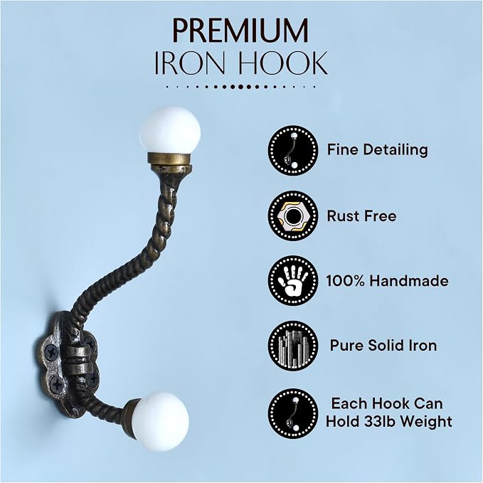 Indian Shelf 6 Pieces Heavy Duty Double Prong White Decorative Coat Hooks - Image 6