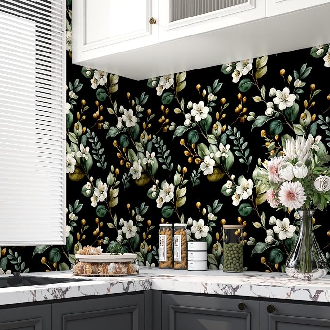 Black Floral Wallpaper Peel and Stick, Vintage Dark Green Leaves - Image 4