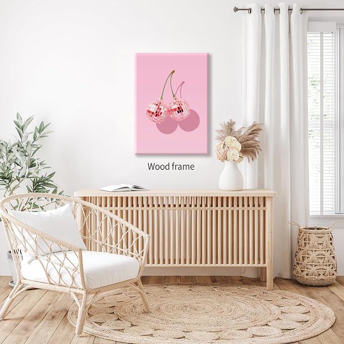 Funky Pink Cherry Poster Retro Disco Ball Canvas Wall Art 16X24 inch Framed - Image 5