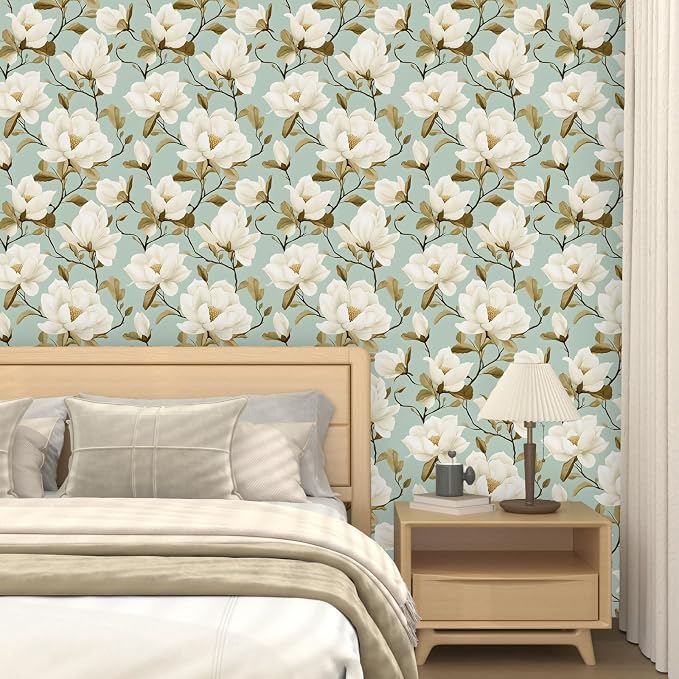 Modern Green White Flowers Wallpaper Blue Floral Peel and Stick Contact Paper - Image 3