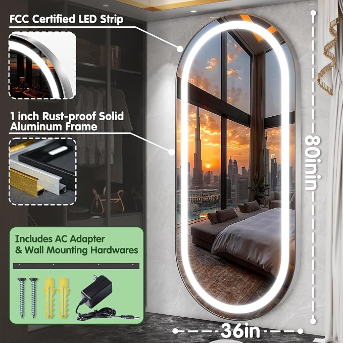 FENNIO Full Length Mirror with Lights, Wall Mounted Hanging Mirror with Lights - Image 3