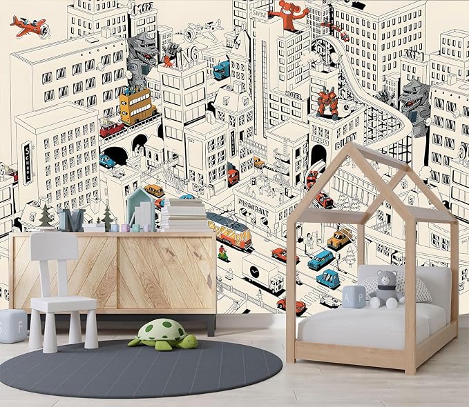 XMPMBM-Cartoon Comics City Nursery Room Fabric Wallpaper Kids Bedroom - Image 3