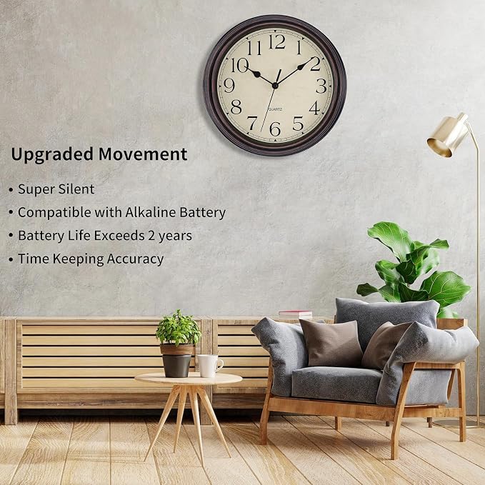 Foxtop Retro Silent Non-Ticking Round Classic Clock Quartz Decorative Battery - Image 3