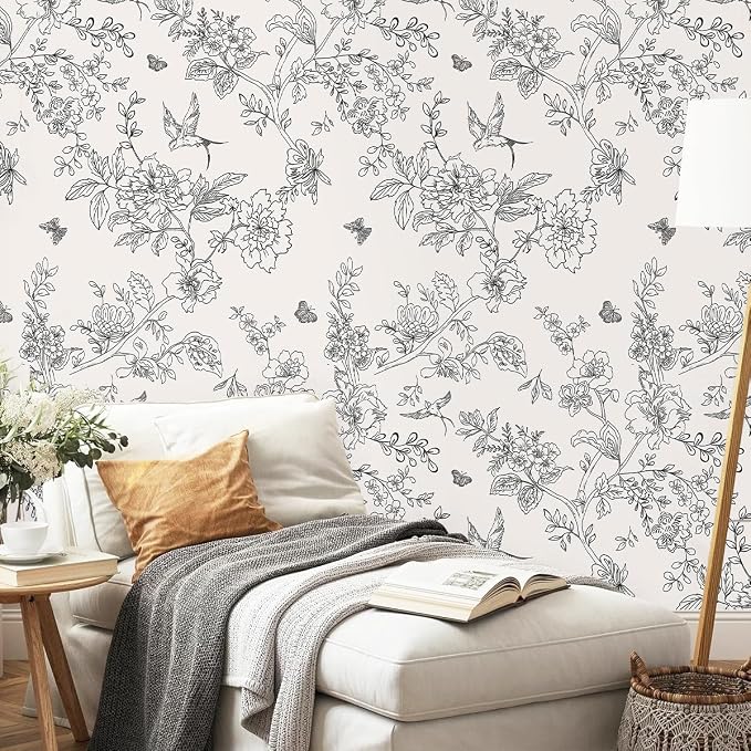 Froluya Black and Cream White Floral Wallpaper Peel and Stick Wallpaper - Image 9
