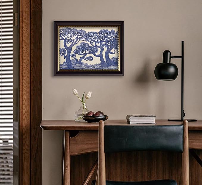 Vintage Gold Framed Wall Art Oak Tree Forest Painting Canvas Prints Blue - Image 6