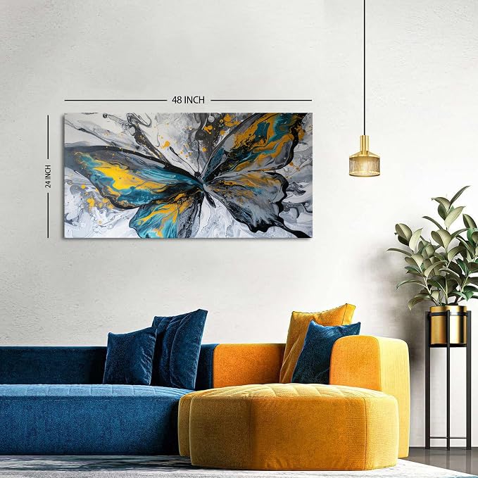 Abstract Butterfly Wall Art Teal Grey Yellow Butterfly Wall Decor Modern Marble - Image 2