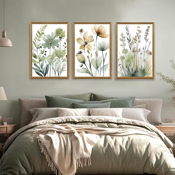 SYWENNOI 3 Pieces Wood Framed Green Botanical Canvas Wall Art, Boho Floral - Image 3